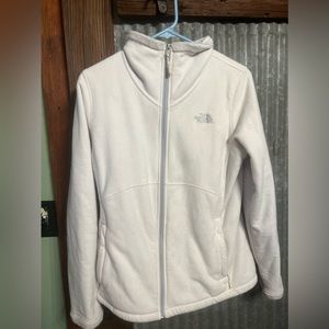 woman's white fuzzy north face jacket - medium